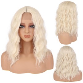 Blonde Wigs for Women 16 Inch Medium Length Curly Wavy Wig Middle Part Wigs with Adjustable Bands Synthetic Wigs Natural Wavy Heat Resistant Hair for Daily Party Use 16IN Blonde
