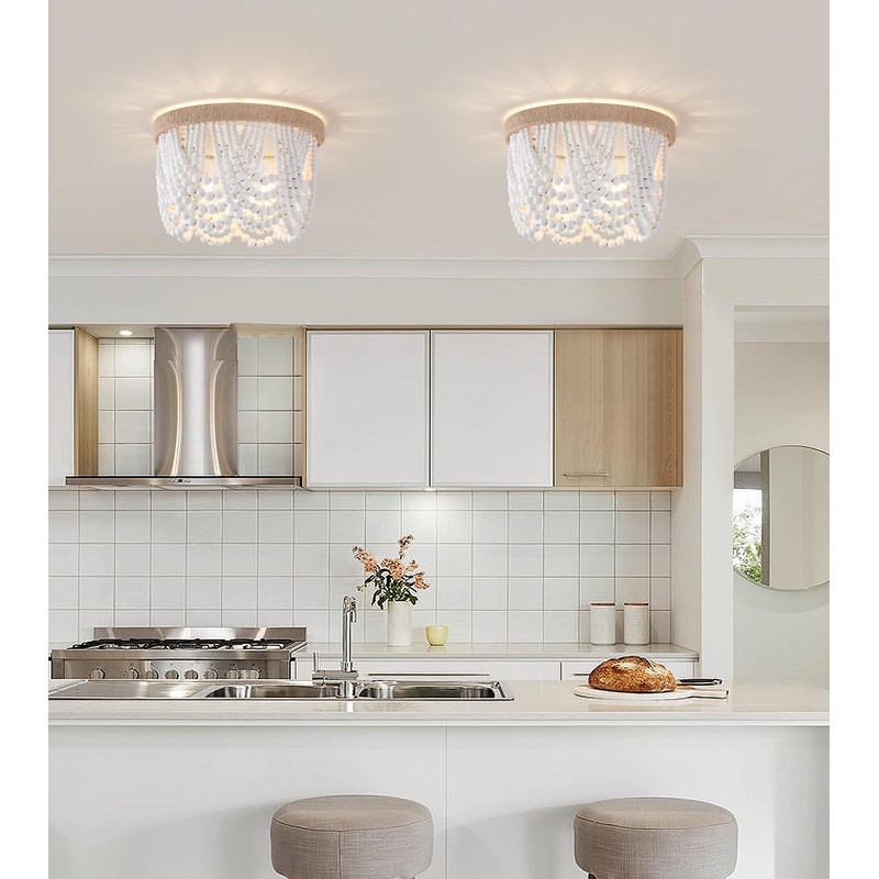 AMZASA White Boho Wood Beaded with Hemp Rope Flush Mount