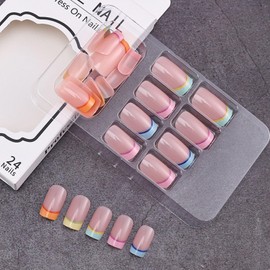 French Press on Nails Short Fake Nails Square Glue on Nails Light Pink Translucent Nails Press ons Colorful French Artificial Glossy Stick on Nails for Women 24 Pcs