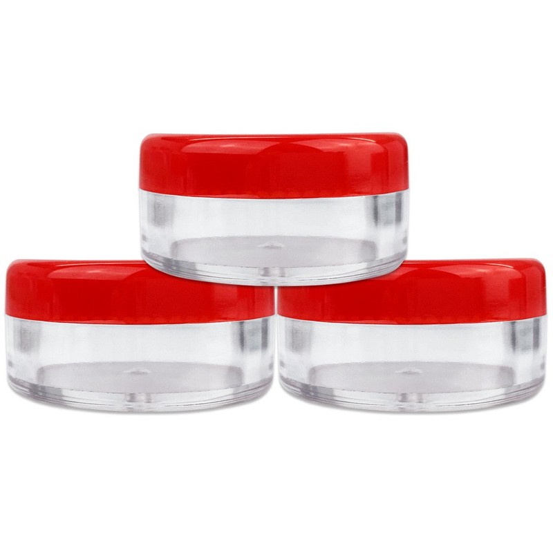 (Quantity: 25 Pieces) Beauticom 5G/5ML Round Clear Jars with RED