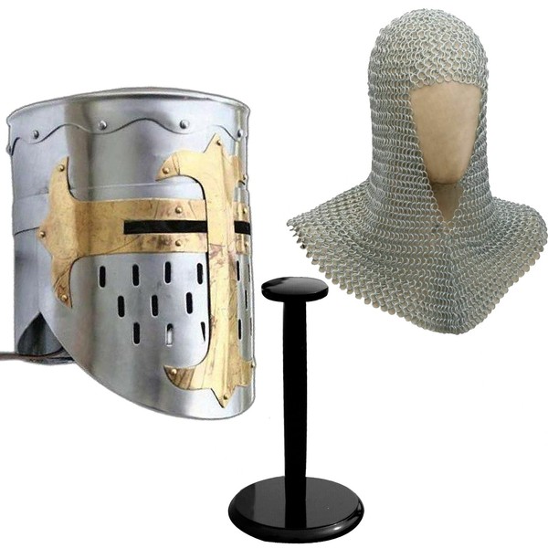 AnNafi® Medieval Templar Crusader Helmet Replica + Aluminium Chainmail Coif