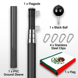 G128 Combo Pack: 16 Ft Telescoping Aluminum Flagpole (Black) & Mexico Mexican Flag 3x5 Ft, ToughWeave Series Embroidered 300D Polyester | Pole with Flag Included