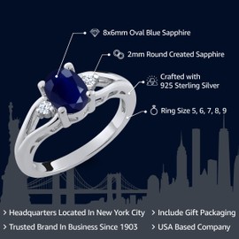 Gem Stone King 1.83 Cttw Blue Sapphire and White Created Sapphire 3 Stone Engagement Ring For Women In 925 Sterling Silver | Oval 8X6MM | Round 2MM | Gemstone Birthstone | Available in Size 5,6,7,8,9
