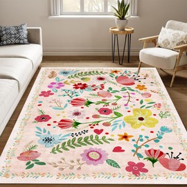 Bairichmat Pink Bedroom Rug,6'x9'Washable Area Rugs,Non-Slip Ultra-Thin Soft Dining Room Rug,Floral Rugs for Bedroom,Bedside,Kitchen,Entryway,Office