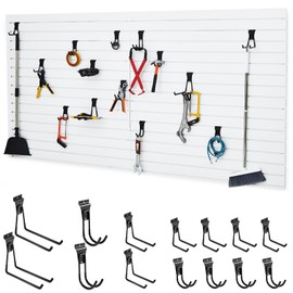 Pickmesh 8 x 4 ft Slat Wall Panel with 14 Pcs Slatwall Hooks Garage Wall Organizer PVC Slat Wall Panels Slat Wall Accessories Home Garage Storage Systems for Tool Organization Peg Board