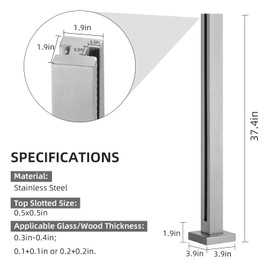 DOMART Silver Glass Balustrade Post, 304 Stainless Steel Glass Railing Post for Steps, Balconies, Staircases, Decks, Patio Stairs, Pool Fence, Cannot Add Handrail Version (37.4 inch-Mid Post)