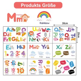 9 Stück abc Poster für Kinder, Wasserdichtes Alphabet, PosterLernposter Kinder mit Buchstaben, Zahlen, Wetter, Farben, Wandtattoo für Kindergarten, Zuhause, Schule
