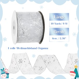 jijAcraft Organzaband Weihnachten 6cm Breit, Geschenkband mit Draht Silber, 10 Yards Schneeflocke Organzaband, Glitzer Weihnachtsband für Geschenkdeko, Kranz, Handwerk, WeihnachtsSchleifenherstellung