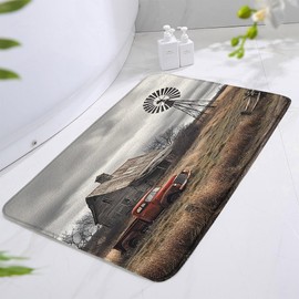 QWRSMYX Vintage Farm Truck Bath Mat Rustic Wooden Barn American Old Antique Car Farmhouse Windmill Western Country Natural Scenery Bathroom Rugs Bedroom Kitchen Toilet Floor Decor 17.8x29.5 in