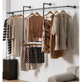 Industrial Clothing Racks Garment Racks – Wall Mounted Pipes Clothes Racks with Four Hanging Rods, Heavy Duty Garment Racks, Industrial Steampunk Closet Organizer Hall Tree (Metal Pipes-Black)