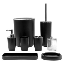 Telycummy Black Bathroom Accessories Set,8-Piece with Trash Can,Soap Dispenser,Toothbrush Holder,Toothbrush Cup,Vanity Tray,Soap Dish,Toilet Brush and Clear Plastic Qtip Holder