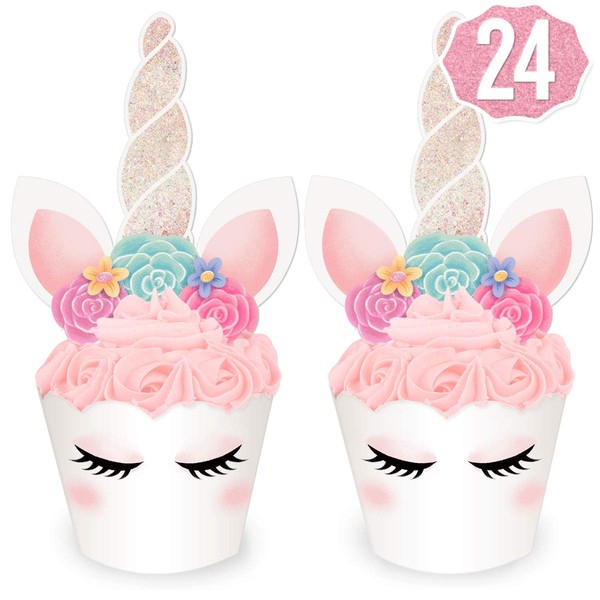 xo, Fetti Unicorn Cupcake Toppers + Wrappers - Set of 24 | Birthday Party Supplies, Unicorn Horn Cake Decoration + Baby Shower