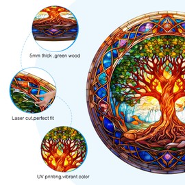 Aeekdook Wooden Puzzle for Adults, Stained Glass Tree of Life Puzzle, Unique Animal Shape Puzzles, Wooden Jigsaw Puzzles for Adults, Thanksgiving for Family Friend (L - 13.4 * 13.4in - 300psc)