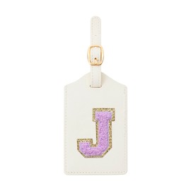 Embroidered Luggage Tag – Initial Bag Tag for Suitcase, Backpack, Carry-On, Duffel – Faux Leather Travel Accessory, Name Identifier, ID Label for Travel Bags (J, White Leather+Purple Letter)