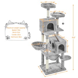 Topeakmart 71.5 inch Cat Tree Tower, Cat Furniture w/ 2 Condos, 2 Perches, 2 Hanging Balls Pet Stand House with Basket and Hammock for Indoor Cats and Kittens, Light Gray