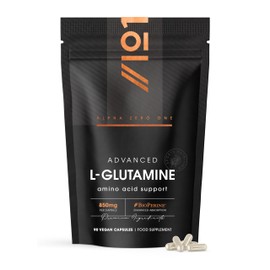L-Glutamine 850mg with BioPerine® – 90 Vegan Capsules – Vegan Fermented Amino Acid – Resealable and Recyclable Pouch by Alpha01