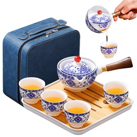 REOWONU Chinese tea set Gongfu tea set, Portable Teapot Set with 360 Rotation Tea maker and Infuser,kung fu tea set Portable tea set All in One leather Bag (4cups-Floral Blue)