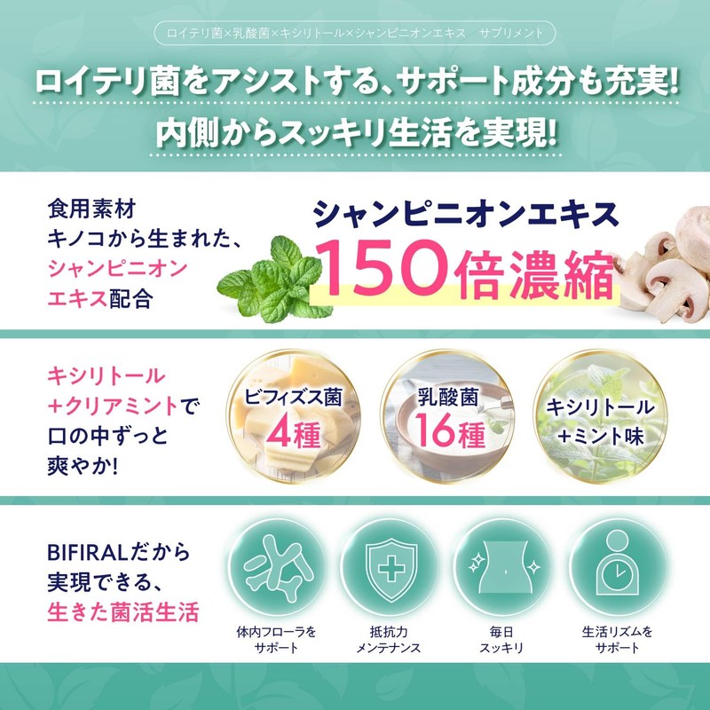 【生きたロイテリ菌360億個 贅沢配合】 ビフィラル 生きた ロイテリ菌 サプリメント クリアミント味 150倍濃縮シャンピニオンエキス 乳酸菌 ビフィズス菌