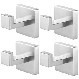 Towel Hooks,SUS304 Stainless Steel Towel Hook Anti-Rust,4 Pack Modern Matte Silver Hooks for Hanging,Heavy Duty Square Hooks,Easy Installation Bathroom Hooks,Silver Hooks for Bathroom/Kitchen