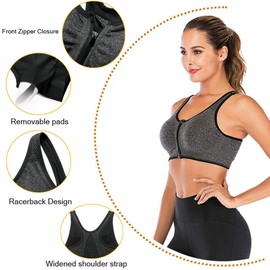 Women Zip Front Sports Bra Padded Workout Bras Wireless Post-Surgery Bra Racerback Yoga Sports Bras Grey