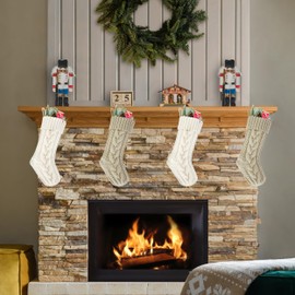18 Inches Ivory and Khaki Knit Christmas Stockings Bulk Double Side Vintage Family Xmas Stockings for Fireplace and Home Decor,4 Pack