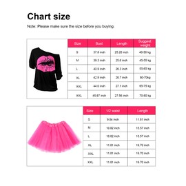 Women's 80s Costume Accessories Set, Lips Print T-Shirt Adult Tutu Skirt Lace Headband Neon Earrings Necklace Leg Warmers Fishnet Gloves Bracelet (Rose Red, M)
