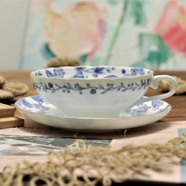 SILINE Fine Bone China Large Mouth Coffee Cup 5 Oz with Saucer,Jingdezhen Blue and White Porcelain Teacup -Blue and White