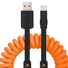 chubbycable Curly Chubby - New Spring Charge Cable Stretch Coiled USB C Cable for Car USB Type C Charger Cable Short Retractable CarPlay Cord, Orange+Black, USB-A to Type-C, 2.29FT-3.6FT