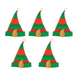 ADULTS ELF HAT - PACK OF 5 PLUSH GREEN ELF HATS WITH RED STAR, RED BRIM AND ATTACHED ELF EARS - FUNNY MENS LADIES CHRISTMAS NOVELTY FANCY DRESS HAT ACCESSORY