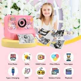 Instant Print Camera for Kids Age 3-12 Girls Boys 1080P HD Digital Video Cameras with 5 Print Paper & 32G Card Toddler Portable Travel Toys Camera for Christmas Birthday Gifts