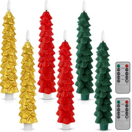 Funtery 6 Pcs LED Christmas Tree Flameless Taper Candles, 9.7 Inch Real Wax Battery Operated Candlestick Lights with 3D Flame and Remote Timer for Windows Fireplace(Red Green Gold,Christmas Tree)