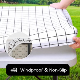 Romanstile Rectangle Vinyl Tablecloth, 100% Waterproof Elastic Fitted Table Cover for 6 Foot Tables, Wipeable Flannel Backed Plastic Tablecover for Picnic, Camping, Outdoor (White Plaid, 30x72 Inches)