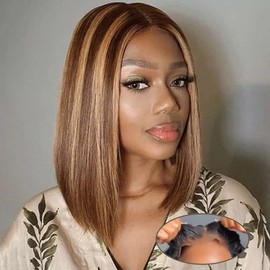 Amuopz Colored Glueless Ready to Wear Wigs Glueless Human Hair Honey Blonde Bob Wig Human Hair Ombre Highlight Lace Front Wig Human Hair Pre Everything Wigs Human Hair Glueless Wear and Go 16in