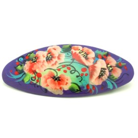 Russian Hair Clip Hand Painted Barrette with Red Poppy Flowers Zhostovo Style