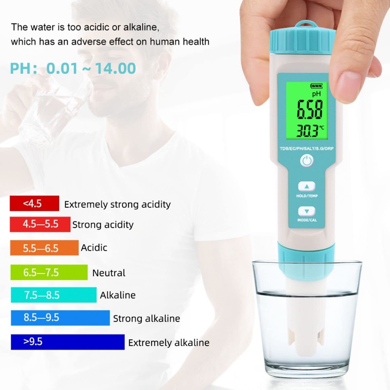 Holzsammlung pH Meter 7 in 1, Digital Water Quality Tester,