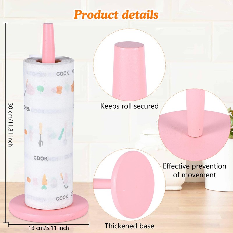 Pink Paper Towel Holder Countertop with 2 Hooks, Stainless Steel,