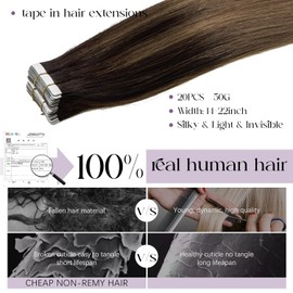 Lacer 16 Inch Human Hair Tape in Extensions Balayage Darkest Brown to Chestnut Brown PU Skin Weft Hair Extensions Real Human Hair Tape in 20 Pcs 50g For Women