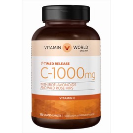 Vitamin World Vitamin C 1000 mg. Timed Release 250 Caplets, Bioflavonoids, Wild Rose Hips, Vegetarian, Gluten Free