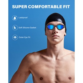 YAKAON Adult Swim Goggles for Men & Women – Polarized Mirrored Lenses, Anti-Fog & Leakproof Seal – Wide View Comfort for Lap Swimming, Open Water, Pool