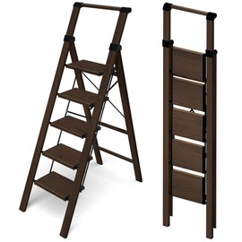 HillhutApex 5 Step Foldable Aluminum Step Ladder with Handgrip, Anti-Slip Pedal, 330lbs Capacity, Lightweight & Portable for Home, Kitchen, Office, Garage (Walnut)