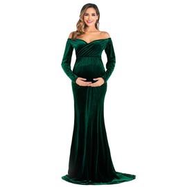 OQC Velvet Maternity Off Shoulder Long Sleeve Fitted Gown Half Circle Maxi Photography Dress for Photo Props Dress Green