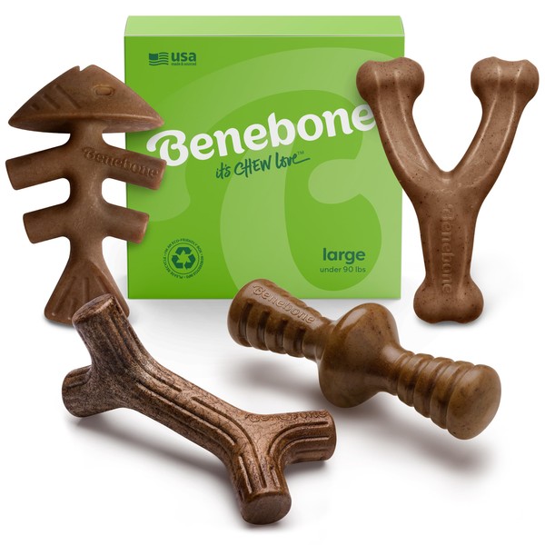 Benebone Large 4-Pack Dog Chew Toys for Aggressive Chewers, Made in USA, 90lbs and Under