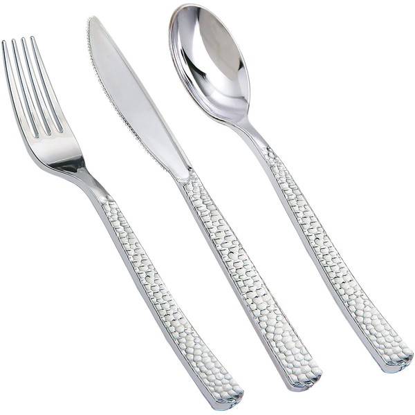 Supernal 360pcs Silver Plastic Cutlery,Elegant Plastic Silverware,Silver Hammed Silverware,Disposable Plastic Flatware,Include 120 Forks,120 Knvies,120 Spoons,Perfect for Birthday,Party,Wedding