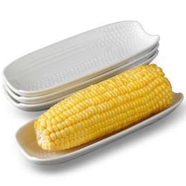 Cinf Ceramic Corn Cob Holders 8.8" Corn Dishes Set of 4, White Dishes Non-slip Bottom Microwave Dishwasher Oven Safe