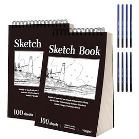 2Pcs Set Sketchbook, Bloc de Bocetos + 8 Pinceles Profesionales, 12 x 9 Pulgadas, 100 g/m², 100 Hojas, Nergo, Microperforado para un Fácil Desgarro,Ideal para Artistas Profesionales y Aficionados