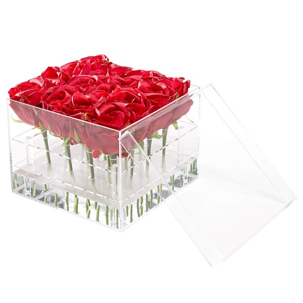 Flower Box Water Holder, Acrylic Rose Pots Stand - Decorative Square Vase with Removable 2 Tiers - Valentine's Day, Mother's Day, Birthday Gift, 16 Holes