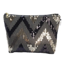 Sequin Embroidered Cosmetic Bag, Large Capacity Evening Clutch, Travel Makeup Organizer (Black and Gold Chevron Sequin Embroidery)