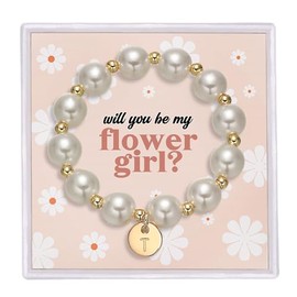 GINAZL Flower Grl Proposal Gifts, Flower Grl Pearl Bracelet Wedding Bridal Shower Gifts Initial T Charm Bracelets Flower Grl Jewelry Set for Wedding (T)