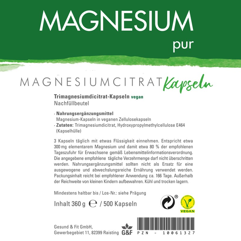 Magnesium Pure Magnesium Citrate Capsules Vegan Pack of 500 Bags,