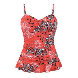 Hilor Traje de baño tankini con fruncido retro de los años 50 para mujer con dobladillo con volantes, Floral rojo y blanco, 16